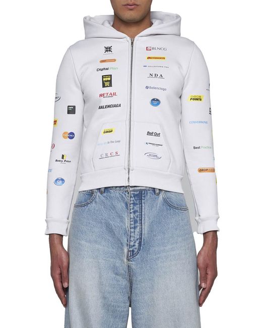 Balenciaga White Logo-print Cotton-blend Jersey Zip-up Hoodie for men