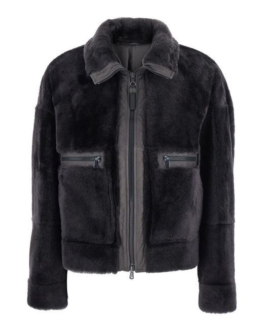 Brunello Cucinelli Black Shearling Jacket With Two Front Welt Pockets With Zip