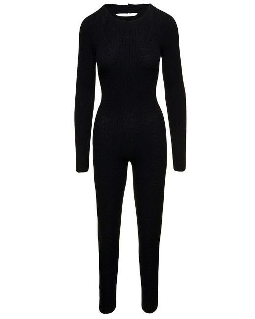 Laneus Black Ribbed Skin-tight Jumpsuit In Wool And Cashmere