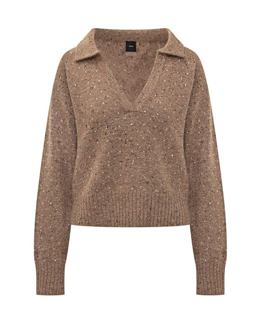 Pinko Brown Sweater With Collar And Rhinestones