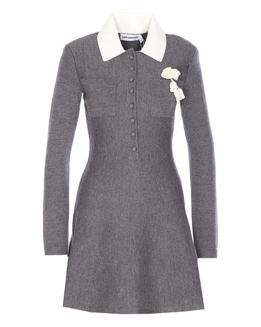 Self-Portrait Gray Crochet Flower Collared Knit Mini Dress