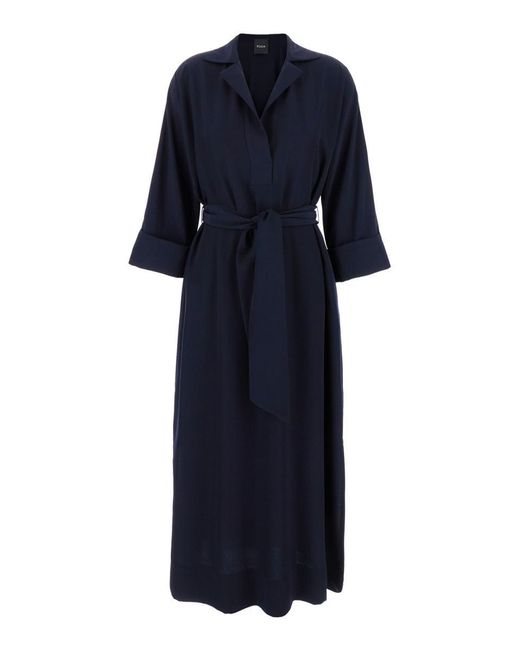 Plain Blue Long Kimono Dress With Belt