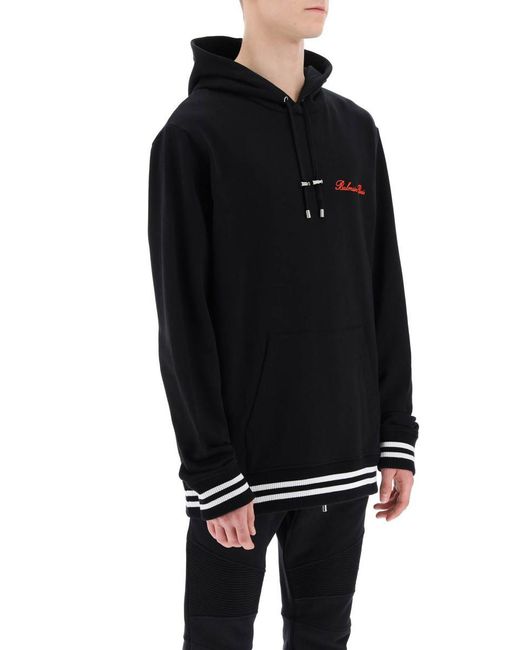 Balmain Black Hoodie With Logo Embroidery for men