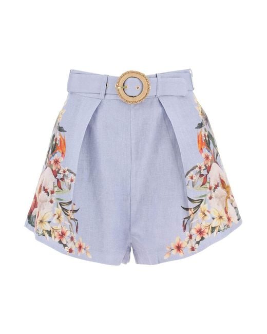 Zimmermann Blue Lexi Tuck Linen Shorts With Floral Motif