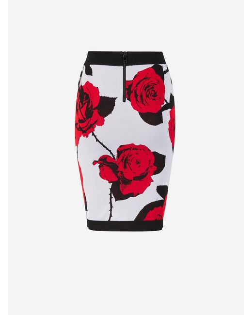 Balmain Red Floral Motif Midi Skirt