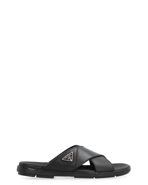 Prada Black Leather Slides With Logo for men