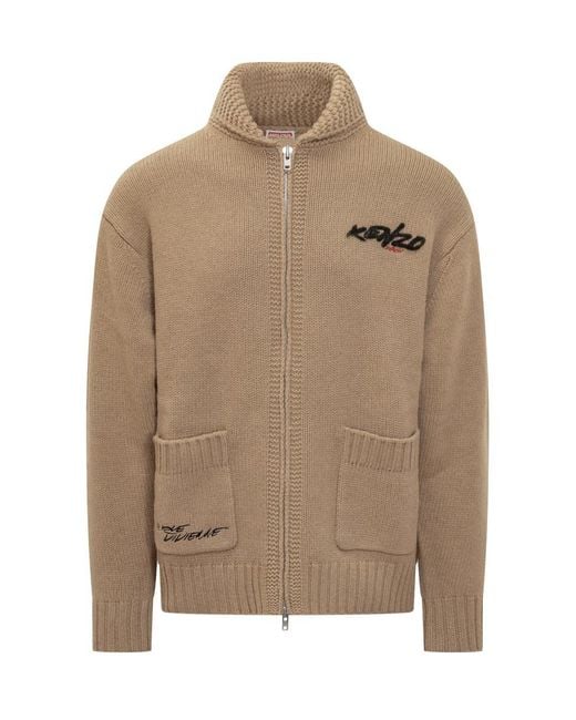 KENZO Natural Knitted Cardigan With Zip for men