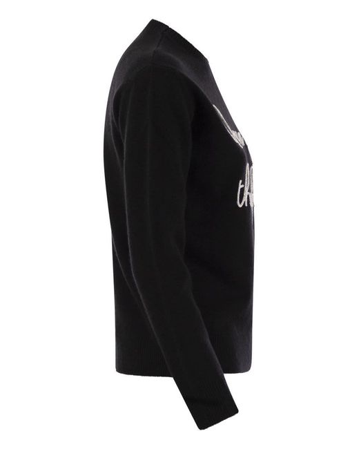 Mc2 Saint Barth Black Wool And Cashmere Blend Sweater With Embroidery Queen Of The Night