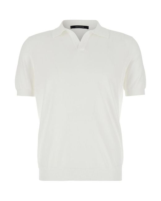 Tagliatore White Knitted Polo Shirt With Polo Style Collar And Short Sleeves for men