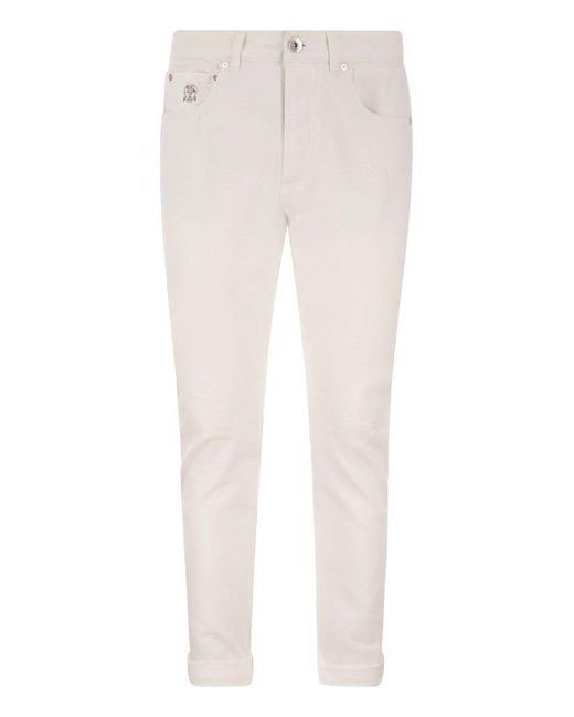 Brunello Cucinelli White Garment-dyed Traditional Fit Five-pocket Trousers In Slubbed Cotton Denim for men