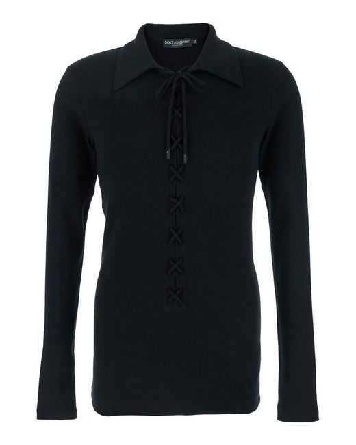 Dolce & Gabbana Black Sweater With Spread Collar And Cross Laces Closure for men