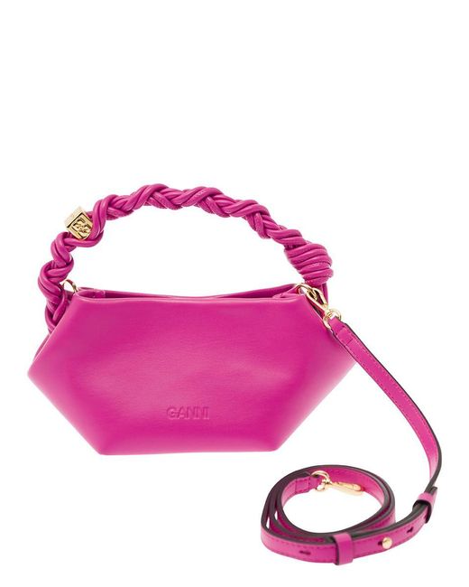 Ganni Purple 'bou' Fuchsia Shoulder Bag With Knotted Handle In Leather Woman