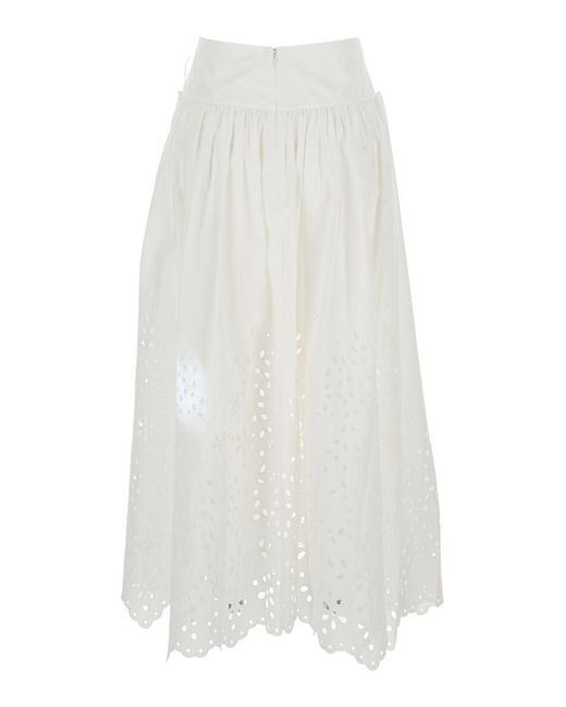 Self-Portrait White Midi Skirt With Side Gathered Details And All-Over Embroidery