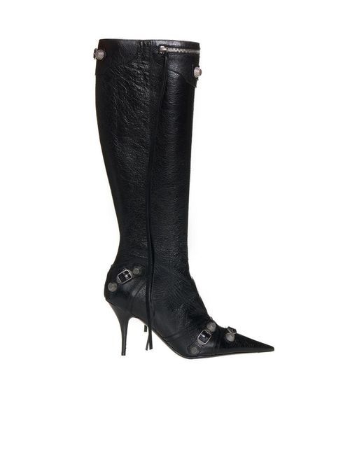 Balenciaga Black 'cagole' White Pointed High-boots With Studs And Buckles In Leather Woman