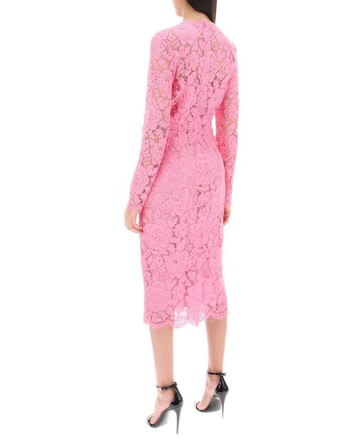 Dolce & Gabbana Pink Midi Dress In Floral Cordonnet Lace