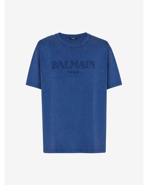 Balmain Blue Cotton Logo T-Shirt for men