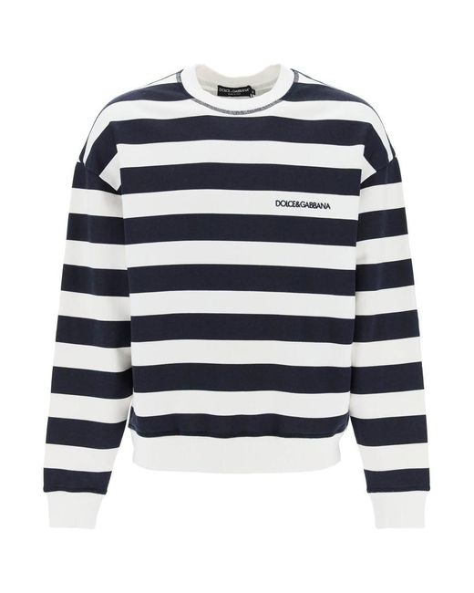 Dolce & Gabbana Blue Striped Sweatshirt With Embroidered Logo for men