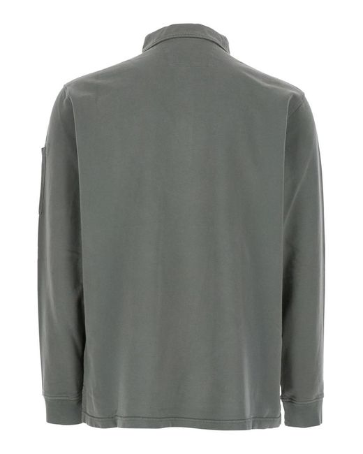 C P Company Gray Sweatshirt With Polo Shirt Style Collar And Logo Plaque On The Sleeve for men