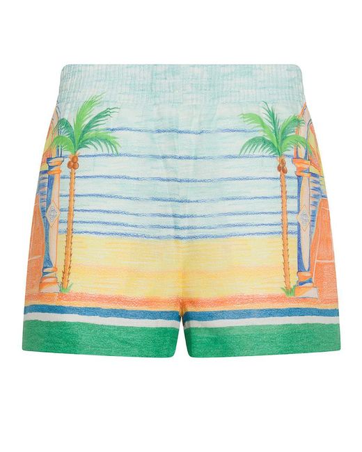 Casablancabrand Blue Day Of Victory Linen Shorts With Print