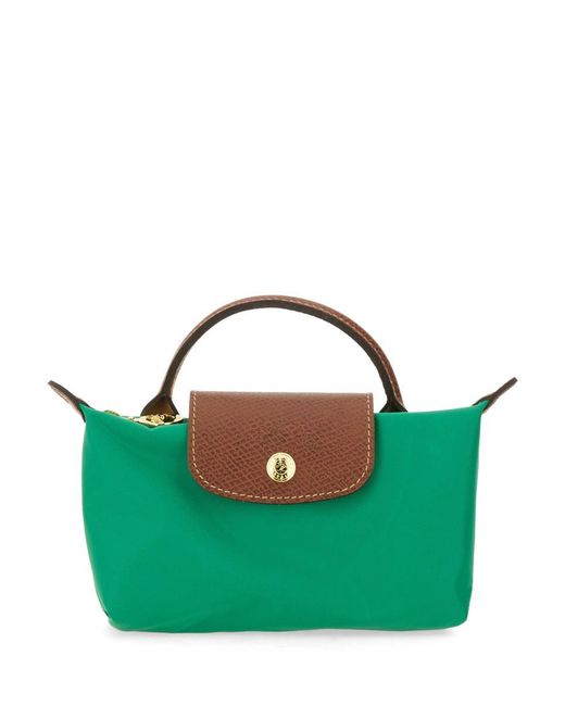 Longchamp Green "Le Pliage" Clutch Bag With Handle