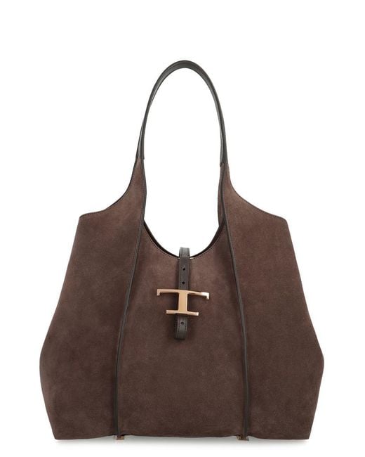 Tod's Brown T Timeless Media Suede Tote