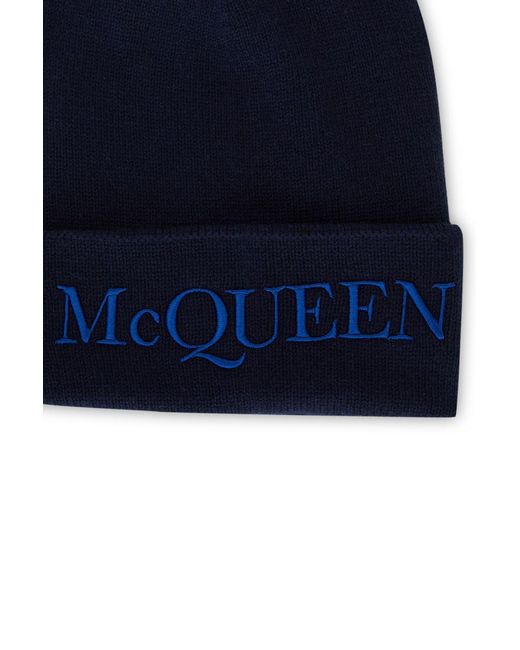 Alexander McQueen Blue Logo Embroidered Knitted Beanie for men