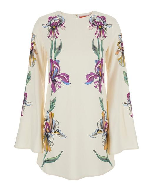 LaDoubleJ 'supremes Swing' White Mini Dress With Long Flared Sleeves And All-over Floral Print In Viscose Stretch Woman