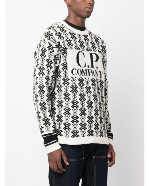 C.P. Company Wool Jacquard Logo Hooded Knit Black/White