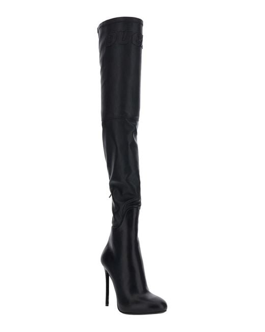 DSquared² Black 'Ducati X D2' Knee-High Boots With Logo Lettering And High Stiletto Heel