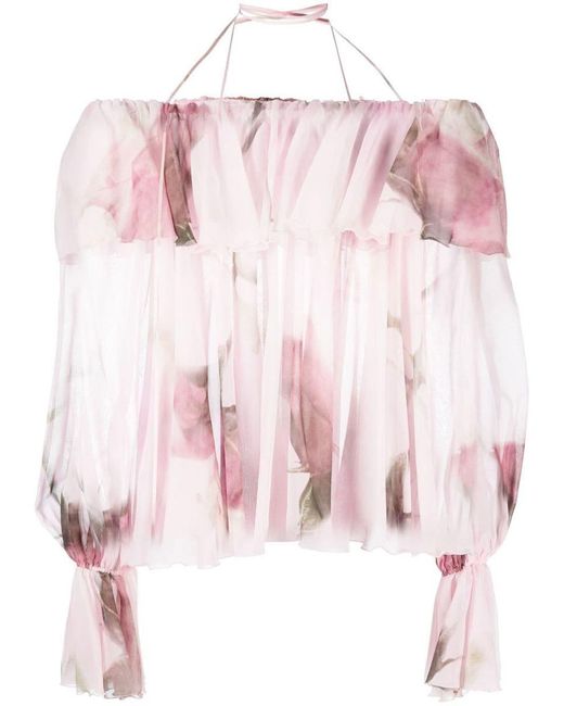 Blumarine Pink Ruffled-trim Floral-print Blouse
