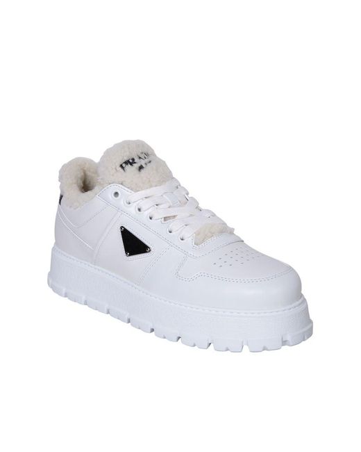 Prada White Shearling-detail Low-top Sneakers