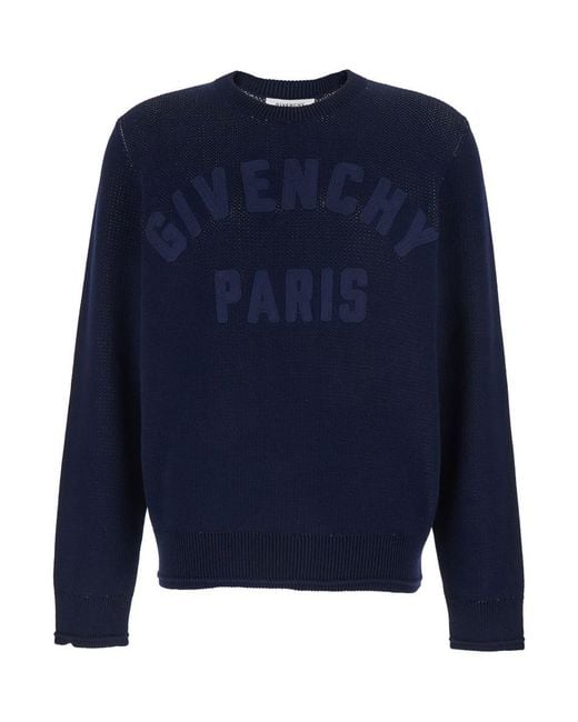 Givenchy Blue Crew Neck Sweater With Logo Lettering On The Front for men