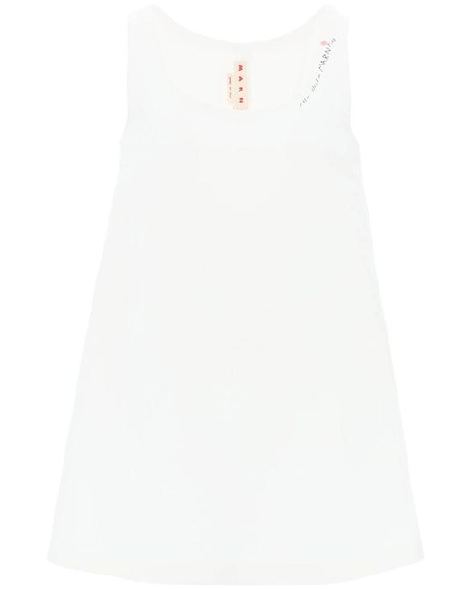 Marni White Flared Dress With Hand-Embroidered