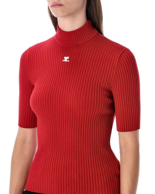 Courreges Red Rib-Knit Short-Sleeve Sweater