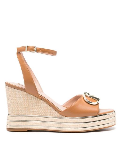 Liu Jo Natural Leather Wedge Sandal With Logo Plaque