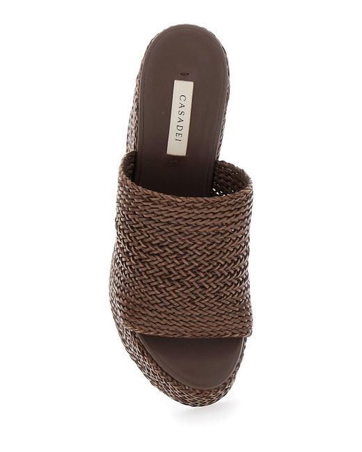 Casadei Brown Woven Platform Wedge Sandals With Textured Sole