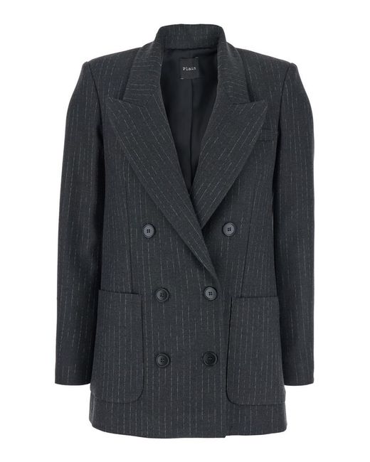 Plain Black Striped Double Breasted Blazer
