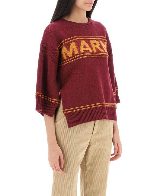 Marni Red Sweater In Jacquard Knit With Logo