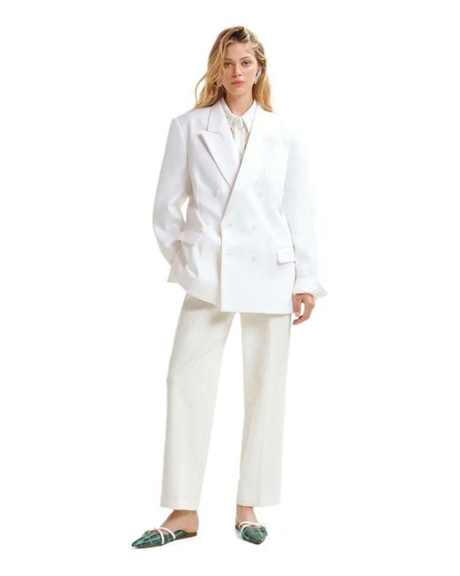 Essentiel Antwerp Hollow White Pinstriped Double-breasted Jacket