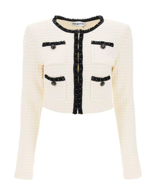 Self-Portrait Natural Cropped Cardigan With Sequin Trims