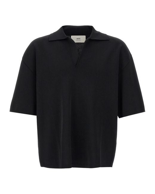 AMI Black V-Neck Polo Shirt With Oversized Fit