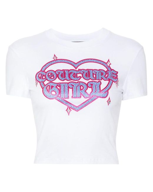 Versace Pink Stretch Cotton Crop T-shirt With Glitter Print