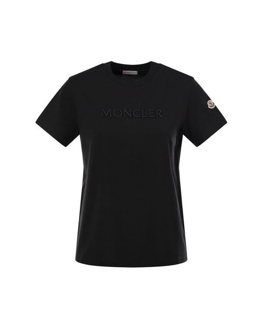 Moncler Black Cotton T-Shirt With Tone-On-Tone Embroidered Logo
