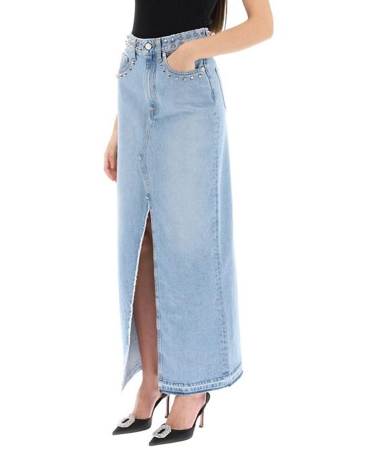 Alessandra Rich Blue Long Denim Skirt With Studs