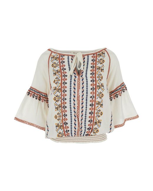 M.A.B.E White Top With V Neck On The Front And All-over Embroidered Motif In Fabric Woman