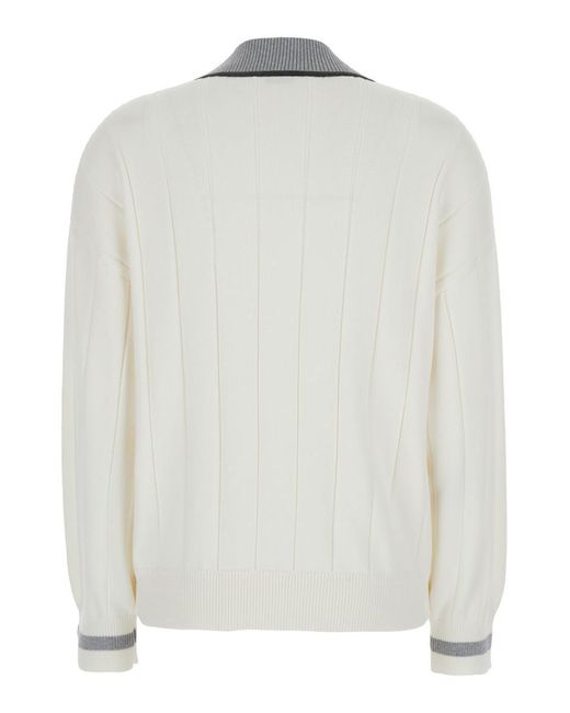 Brunello Cucinelli White T-Shirt With V Neck And Monil Detail On The Collar