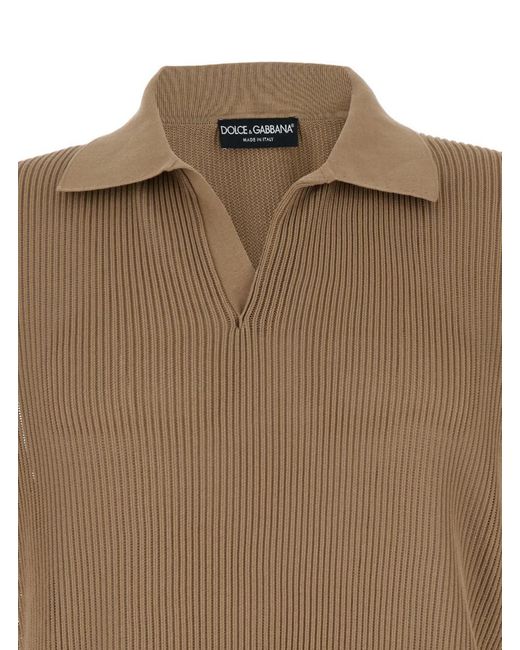 Dolce & Gabbana Brown Open-Work V Neck Polo Shirt for men