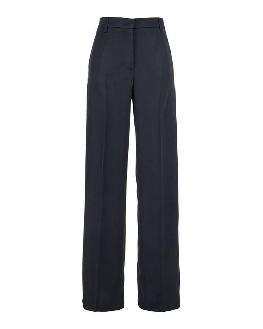 Plain Blue Tailored Pants In Satin Woman