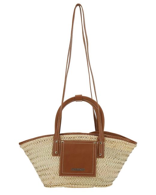 Jacquemus 'le Panier Soli' Beige And Brown Tote Bag With Patch Pocket And Logo In Straw And Leather Woman