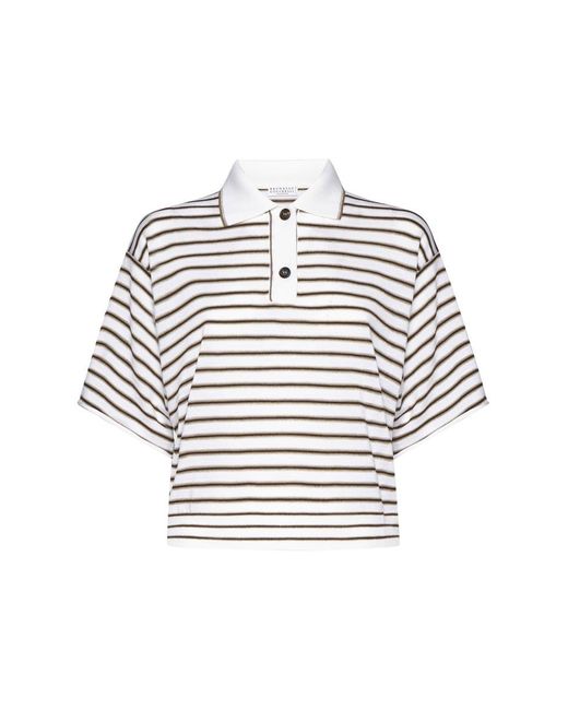 Brunello Cucinelli White Lame' Striped Wool And Cashmere Polo Shirt